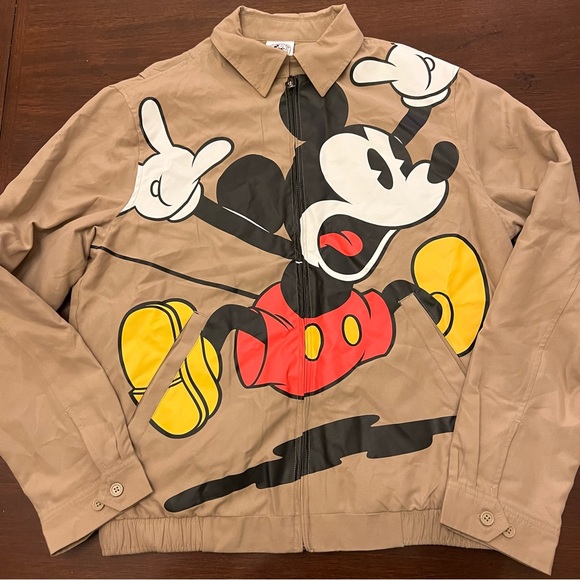 Mickey Mouse Graphic Zip Up Khaki Bomber Moto Jacket - Picture 2 of 8